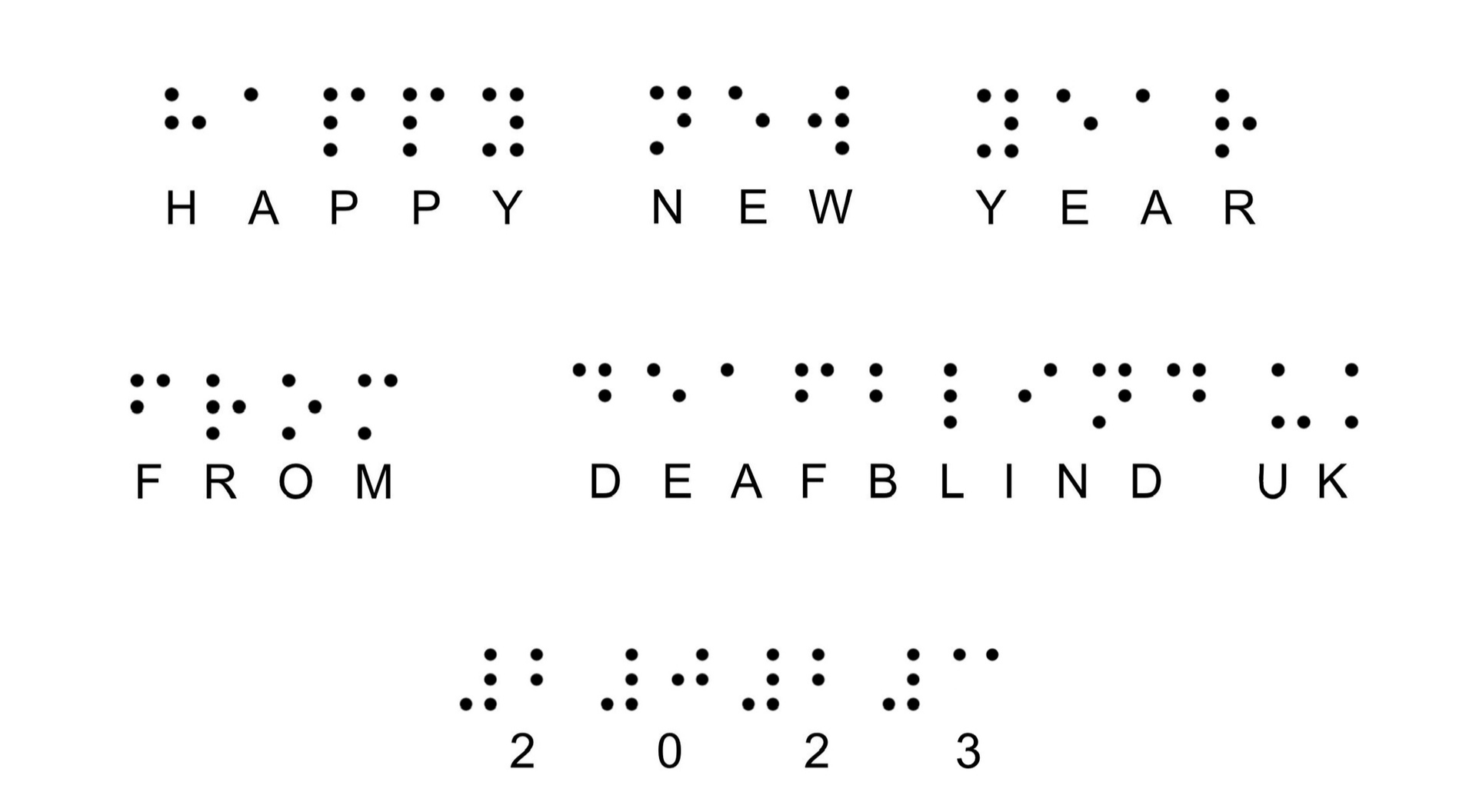 Happy New Year from Deafblind UK 2023, written in braille.